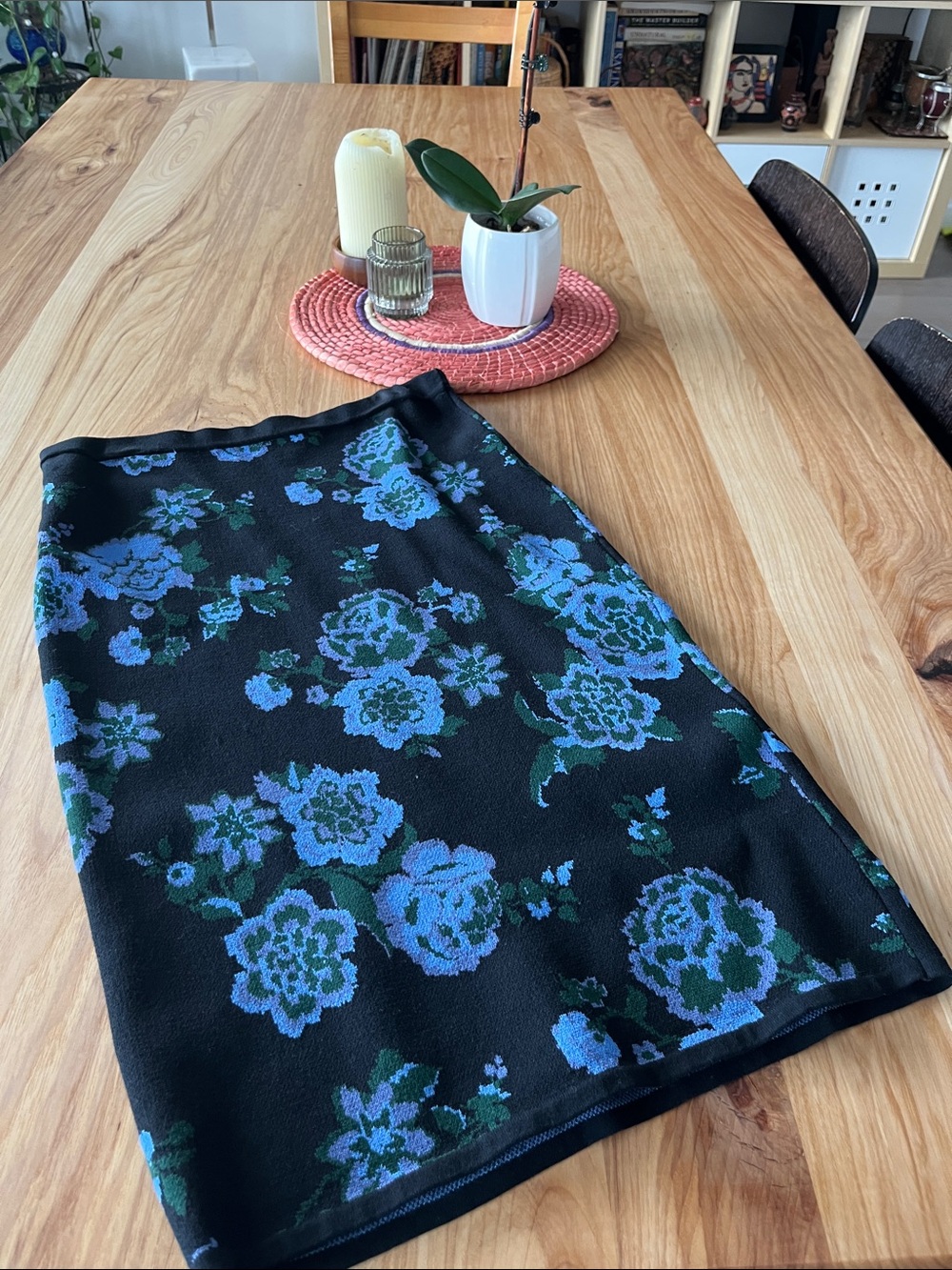Ann Taylor Black Pencil Skirt with Blue & Green Floral Jacquard